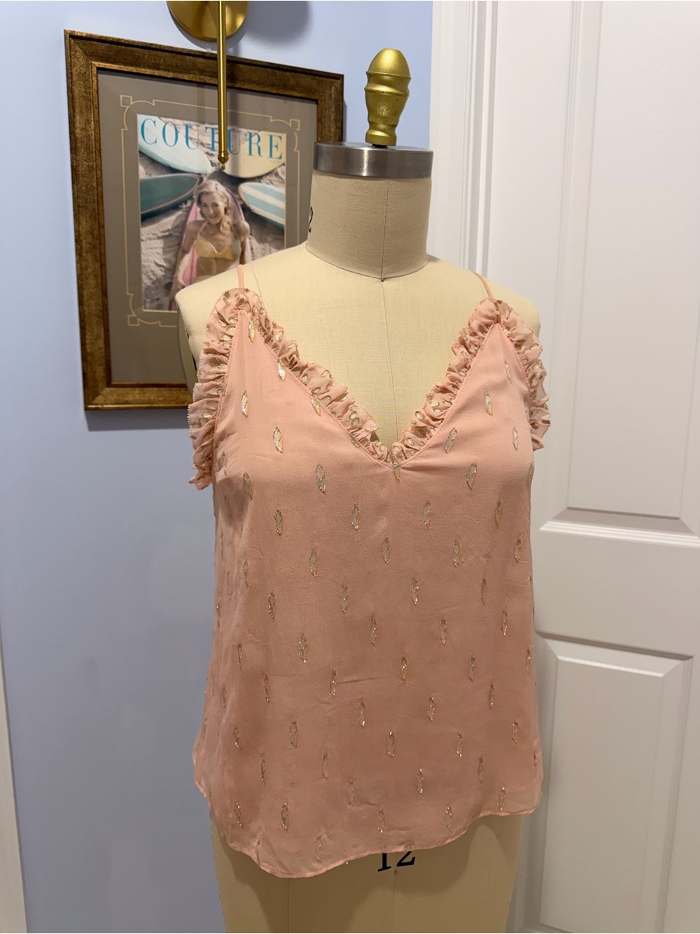 Rebecca Taylor Blush Pink Ruffle V-Neck Camisole with Gold Embroidery